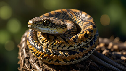 Camouflaged Viper Coiled on Sunlit Branch in Late Afternoon Light - Generated by AI.