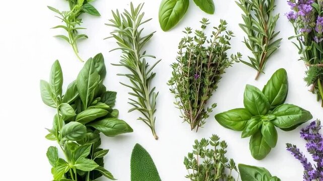 Assorted fresh herbs on a white surface. Perfect for culinary use, garden inspiration, or herbal medicine themes. Image includes various green leaves and sprigs. Generative AI