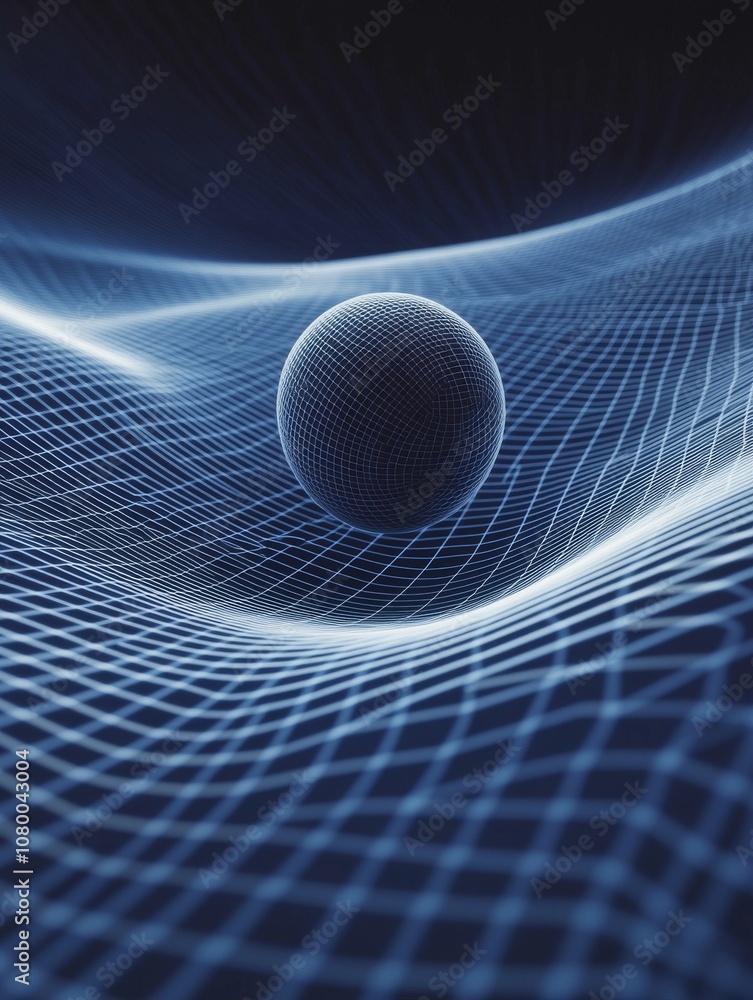 Poster isolated sphere on blue grid background: digital rendering of gravitational waves
