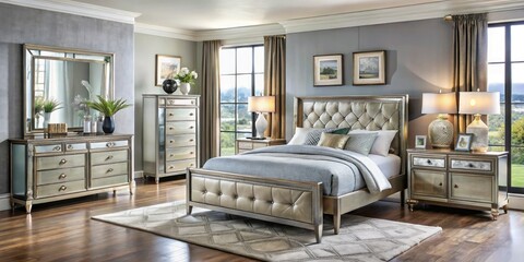 Naklejka premium Transform your space with an elegant mirrored bedroom set, featuring modern furniture designs that elevate stylish interiors while providing a cozy and inviting atmosphere.