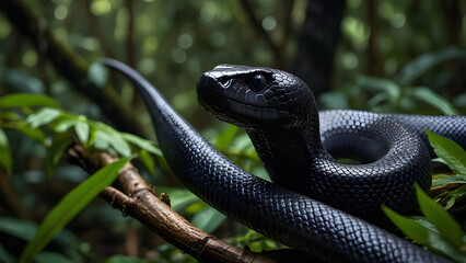 Sleek Black Mamba Slithering Through Lush Rainforest in Midday Light - Generated by AI.