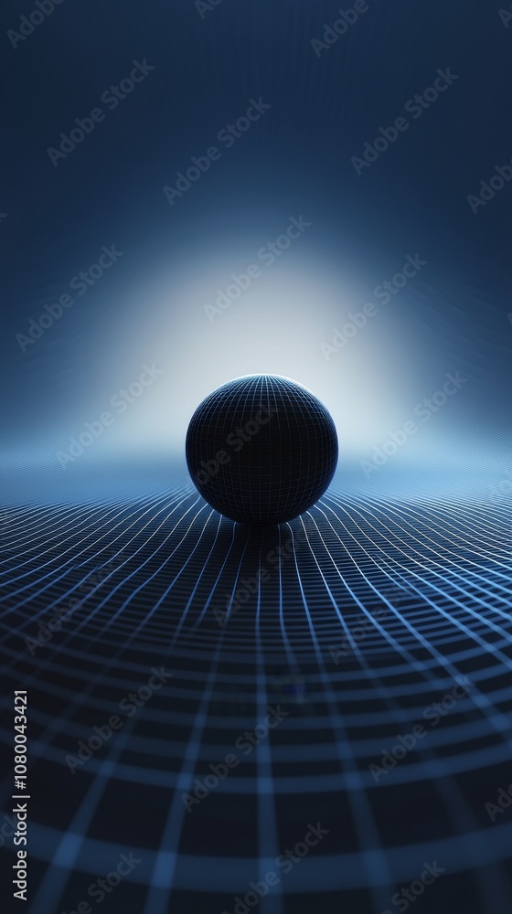 Poster isolated sphere on blue grid background: digital rendering of gravitational waves