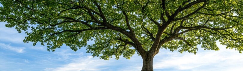 Fototapeta premium A large green tree in a lush landscape under a bright blue sky.