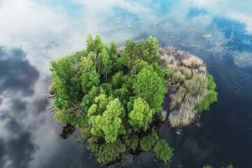 Lake with tree island and sky reflecting water surface