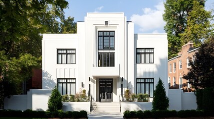 Fototapeta premium An art deco townhouse with a white geometric facade, bold accents, and metallic details, reflecting urban sophistication.