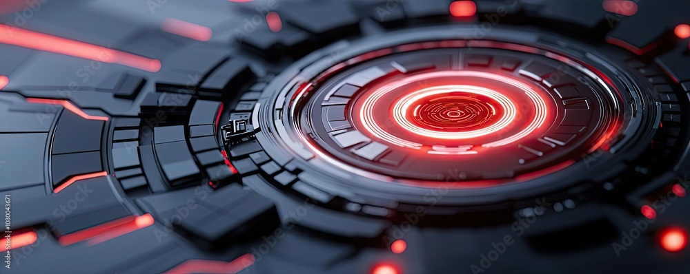 Poster futuristic interface with glowing red elements on a dark background.