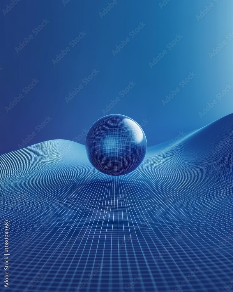 Poster isolated sphere on blue grid background: digital rendering of gravitational waves