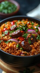 Fototapeta premium Delicious bowl of spicy rice with vegetables and herbs, perfect for a warm meal or festive occasion.