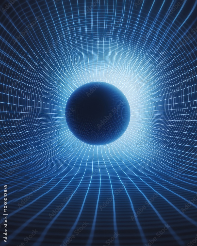 Poster isolated sphere on blue grid background: digital rendering of gravitational waves