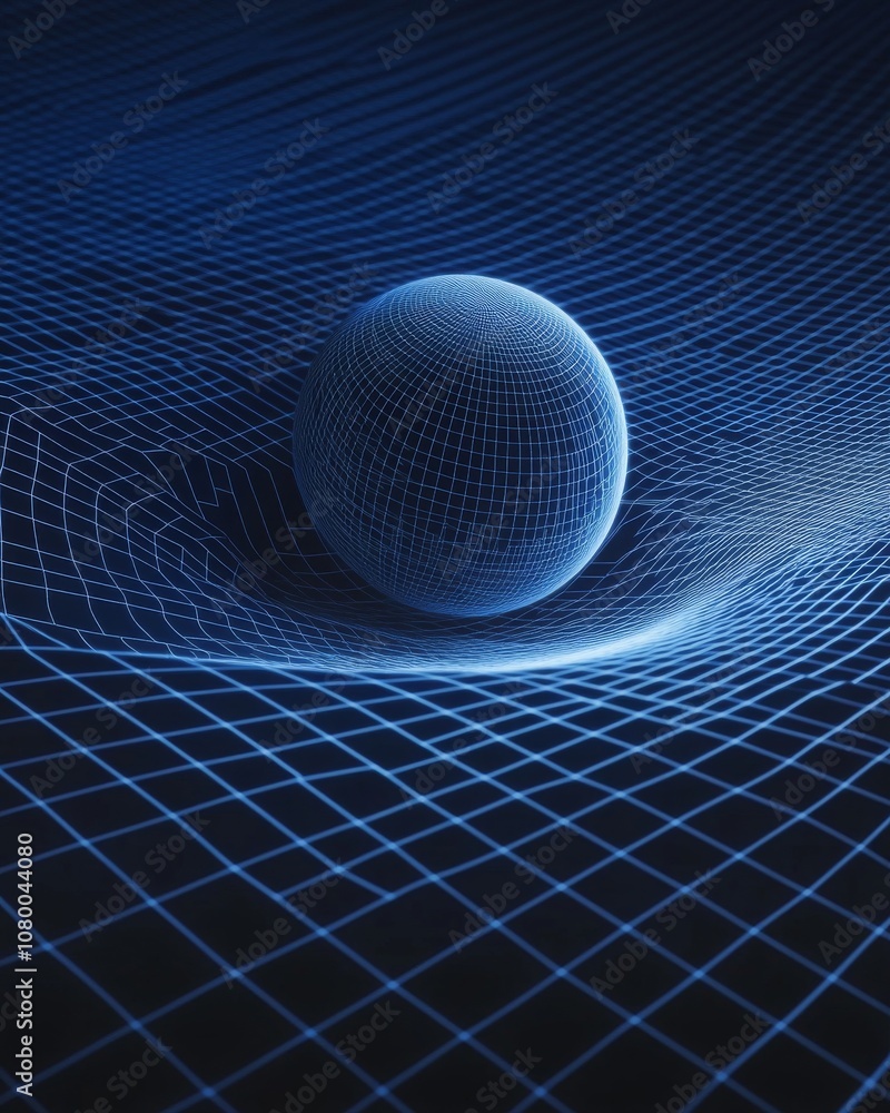 Poster isolated sphere on blue grid background: digital rendering of gravitational waves