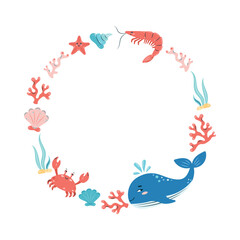 Round frame with marine animals. Sea Life circle frame on white background. For postcards and posters. Vector illustration.