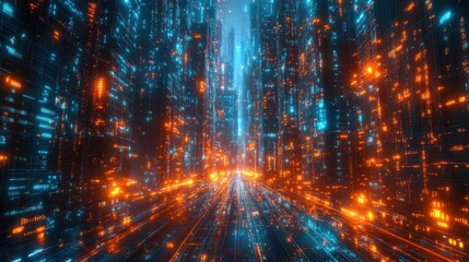 Futuristic cityscape with glowing blue and orange lines.