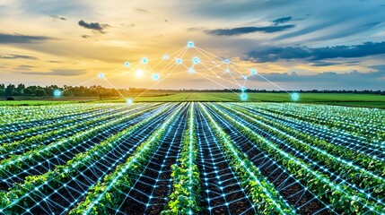 A digitally connected agricultural field with crop rows using smart farming technology and data networks, illustrating modern precision agriculture at sunset.