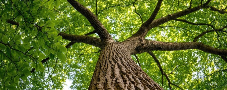 Tall tree viewed from below, showcasing lush green leaves and textured bark.