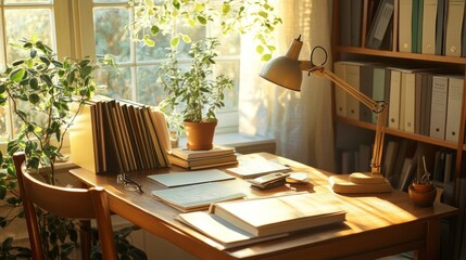 Bright office with a desk lamp, open books, and a classic wooden chair, with plants adding a touch of greenery.