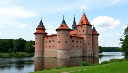  Enchanting castle by serene lake under blue sky