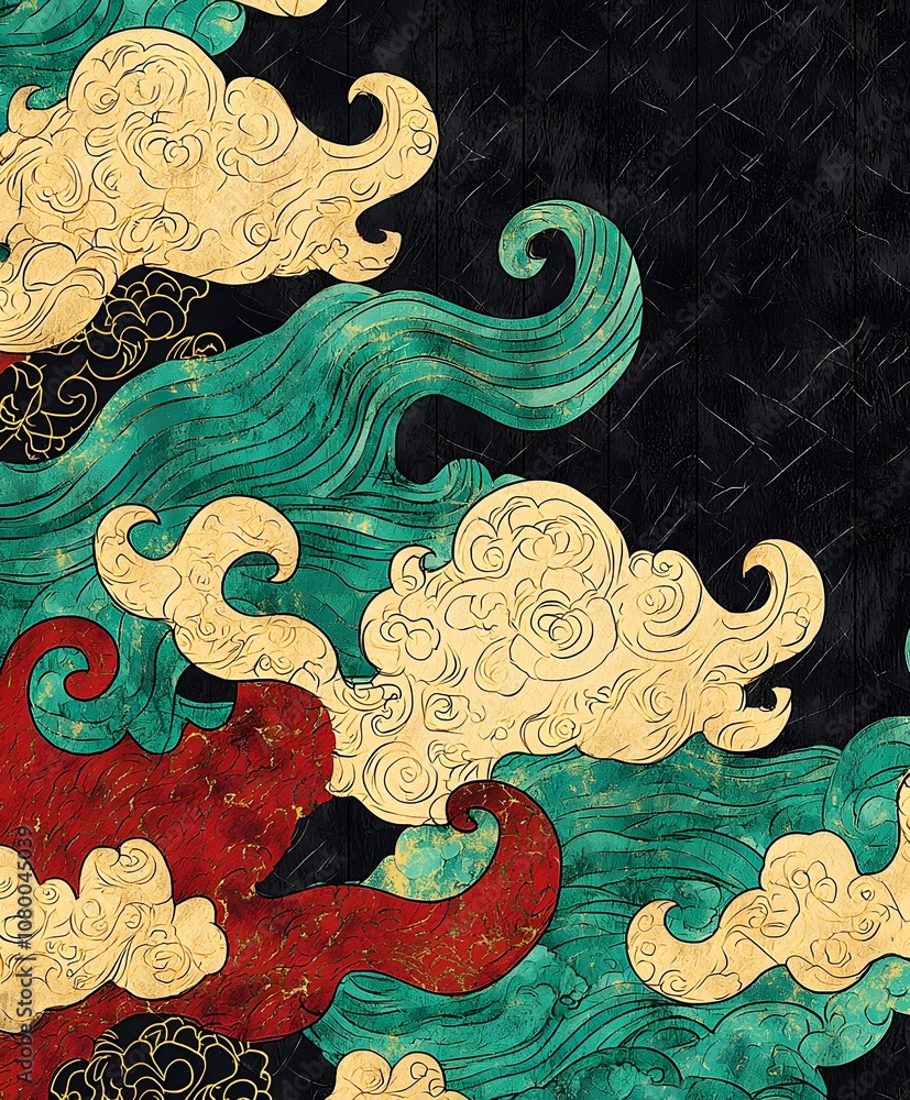 Aufkleber intricate wave patterns with stylized clouds in bold colors, artful representation of nature's eleme