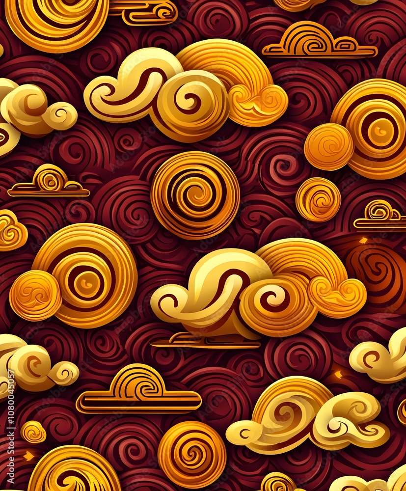 Poster intricate swirling clouds and circular pattern design in warm gold and red tones ideal for backgroun