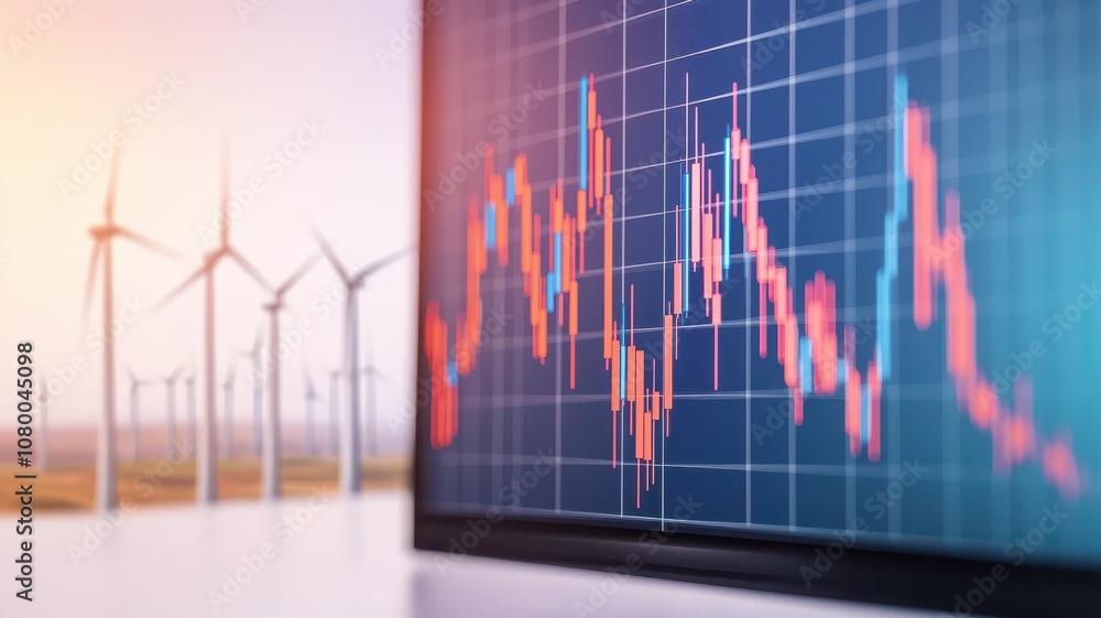 Poster the image shows a close-up of a financial graph on a monitor with wind turbines in the background, r