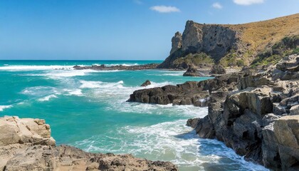 Rocky Coastal Cliffs Towering Over the Turquoise Sea, With Waves Crashing Against the Shore and a Clear Blue Sky Stretching to the Horizon in the Distance