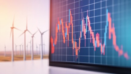 The image shows a close-up of a financial graph on a monitor with wind turbines in the background, representing renewable energy trends and market analysis.