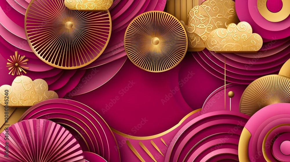 Poster vibrant abstract background with layered pink and gold elements featuring circular patterns, clouds,