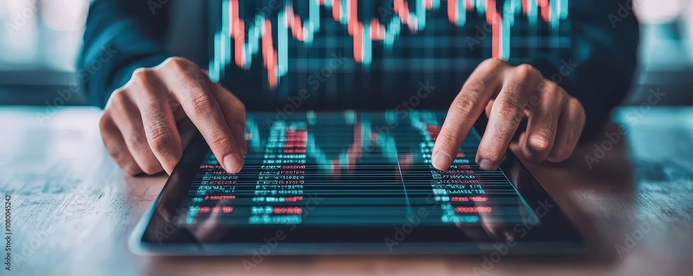 Poster a user analyzes financial data on a tablet, focusing on colorful charts and graphs displaying market