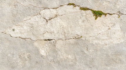 Fototapeta premium Natural cracked stone texture with small patches of moss, rugged weathered rock surface background.