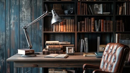 Industrial-style workspace with a metal lamp, books on a rustic wooden desk, and a leather swivel chair.