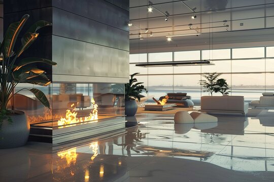 modern conceptual glossy shiny airport lounge hype realistic Designing a cozy fireplace area contemporary bright stylish interior