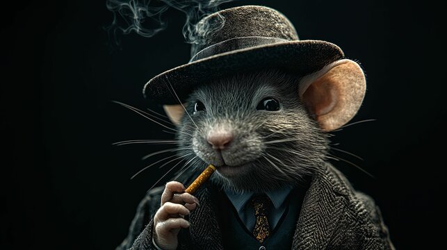 A Close-up of a Rat Wearing a Suit, Hat, and Holding a Cigarette