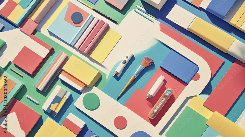 Poster abstract composition with colorful geometric shapes and everyday objects
