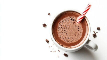 Obraz premium A Mug of Hot Chocolate with a Candy Cane Stirring Stick and Chocolate Pieces