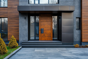 Minimalist house facade made of marble tiles with wooden brown front door. Generated by artificial intelligence