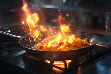 Chef cooking pad thai kitchen culinary action warm environment close-up flavorful experience