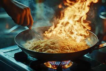 Chef cooking pad thai restaurant kitchen culinary action vibrant environment close-up view flavorful cooking experience