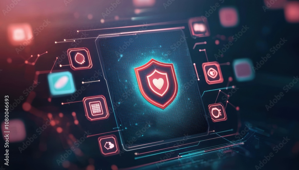 Poster a futuristic digital shield representation symbolizing cybersecurity and data protection in a tech-d