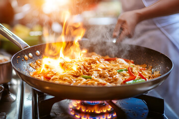 Chef cooking pad thai in a large pan kitchen setting culinary action vibrant environment close-up view thai cuisine inspiration © thanit