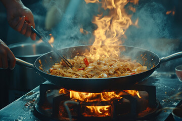 Chef cooking pad thai in a large pan kitchen culinary action intense environment close-up flavorful experience