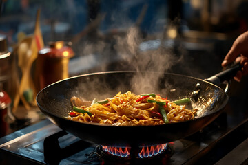 Chef cooking pad thai in a wok kitchen food photography warm environment close-up culinary art