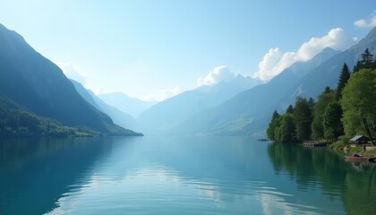  Tranquil mountain lake under a clear sky