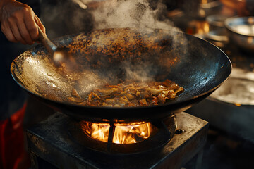 Chef cooking pad thai in a wok street food stall culinary art bustling market close-up view thai cuisine experience © thanit
