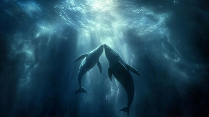 Obraz premium Oceanic Grace: Whales Meeting in an Ethereal Underwater Scene