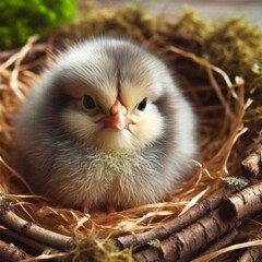 Obraz premium A cute little grey fluffy baby bird sits in a nest in its natural habitat. AI generated. 