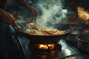Chef cooking pad thai in a wok street kitchen culinary art urban setting close-up thai cuisine © thanit
