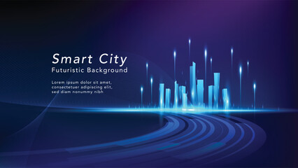 Smart city on blue background. Smart city low poly wireframe on blue background. Technology concept. Vector illustration.