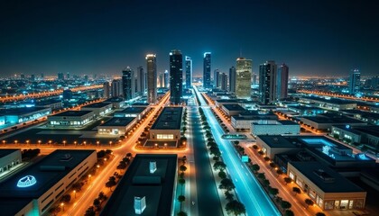 Naklejka premium Vibrant cityscape at night illuminated by neon lights and street lamps