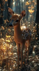 A young deer stands in a sunlit forest, surrounded by autumn foliage.
