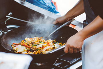 Chef stirring pad thai in wok street kitchen culinary art urban setting close-up thai cuisine experience