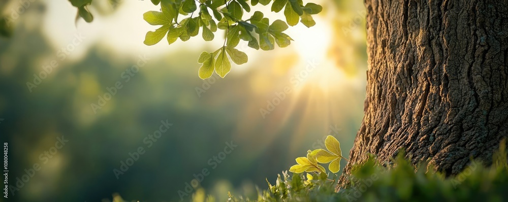 Poster sunlight filtering through leaves on a tree trunk in a serene natural setting.